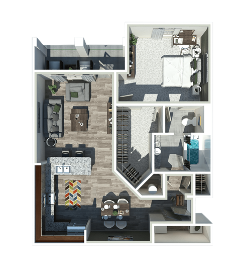 1 bed 1 bath a 3d floor plan of a furnished apartment A at The Ridge at Chenal Valley, Little Rock, AR 72223